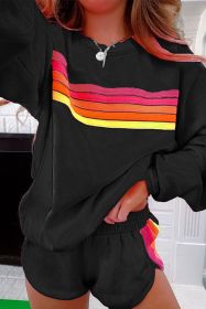 Black Colorful Striped Long Sleeve Pullover and Shorts Set (size: (US 12-14)L)