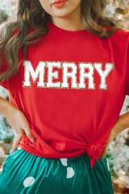Red Christmas MERRY Graphic Cuffed Sleeve T Shirt (size: (US 8-10)M)
