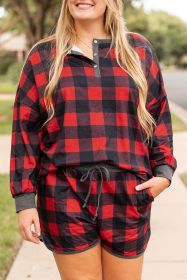 Red Christmas Buffalo Print Henley Top and Shorts Plus Size Matching Set (size: (US 22W-24W)3X)