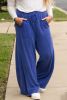 Sky Blue Corded Drawstring High Waist Pocket Plus Size Wide Leg Pants