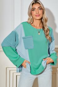 Green Colorblock Patchwork Waffle Buttoned Cuffs Top (size: (US 4-6)S)
