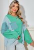 Green Colorblock Patchwork Waffle Buttoned Cuffs Top
