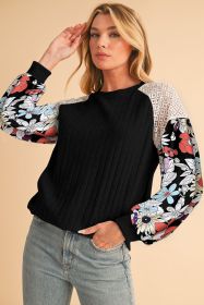 Black Floral Patchwork Raglan Sleeve Ribbed Top (size: (US 8-10)M)