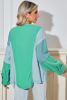 Green Colorblock Patchwork Waffle Buttoned Cuffs Top