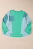 Green Colorblock Patchwork Waffle Buttoned Cuffs Top