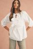 White Bow Knot Cutout Back Loose Fit 3/4 Sleeve Blouse