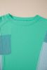 Green Colorblock Patchwork Waffle Buttoned Cuffs Top