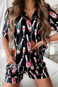 Black Champagne Print Silky Short Sleeve Pajamas Set (size: (US 8-10)M)