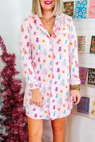 Pink Christmas Twinkle Tree Print Casual Shirt Sleep Dress (size: (US 8-10)M)
