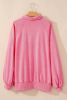 Pink Solid Snap Buttons Collared Balloon Sleeve Oversized Sweatshirt