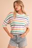 Beige Stripe Dropped Short Sleeve Loose Fit Knitted Top