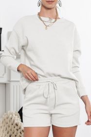 White Textured Long Sleeve Top & Drawstring Shorts Set (size: (US 12-14)L)