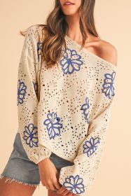 Beige Flower Print Drop Shoulder Hollow Knit Sweater (size: (US 8-10)M)