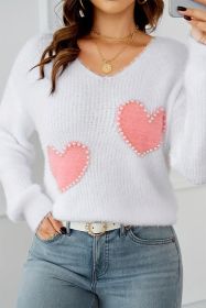 White Pearl Heart Pattern V Neck Knit Sweater (size: (US 8-10)M)