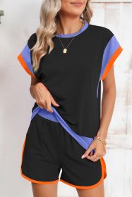 Black Color Block Loose Fit Top and Elastic Waist Shorts Set (size: (US 8-10)M)