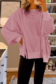 Pink Waffle Bishop Sleeve Split Oversized Sweatshirt (size: (US 12-14)L)
