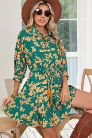 Green Floral Print Drawstring Flowy Short Dress (size: (US 8-10)M)