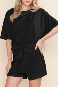 Black Waffle Textured Tee and Drawstring Shorts Set (size: (US 12-14)L)