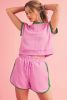 Pink Textured Contrast Trim Tee & Drawstring Shorts Set