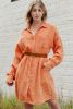 Orange Crinkled Pockets Button Up Shirt Dress