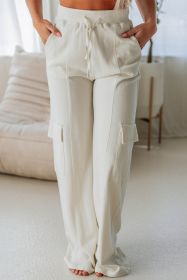 Beige Plain Cargo Pockets High Waist Sweatpants (size: (US 12-14)L)