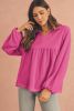 Bright Pink Corded Turn-down Collar Bubble Sleeve Babydoll Top