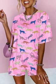 Pink Cheetah Print Raglan Sleeve Tee and High Waist Shorts Set (size: (US 12-14)L)