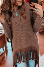 Coffee Waffle Patchwork Fringe Hem High Low Loose Top (size: (US 12-14)L)