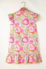 Pink Button Front Frill Neck Ruffle Trim Abstract Mini Dress