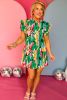 Green Abstract Print Frill Neck Ruffled Sleeve Mini Dress