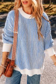 Dark Blue Striped Contrast Trim Loose Sweater (size: (US 12-14)L)