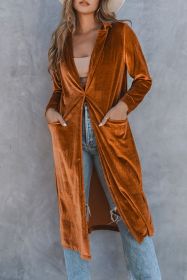 Brown Casual Velvet Lapel Pocket Long Coat (size: (US 18-20)2XL)
