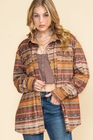 Brown Geometric Striped Button Up Flap Pocket Shacket (size: (US 4-6)S)