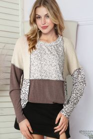 Leopard Print Exposed Seam Patchwork Pullover Long Sleeve Top (size: (US 4-6)S)