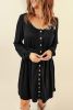 Black Button Front Scoop Neck Long Sleeve Pocket Dress