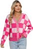 Pink Checkered Drop Shoulder Buttoned V Neck Cardigan