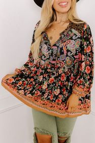 Black Plus Size Paisley Print V Neck Bubble Sleeve Blouse (size: (US 22W-24W)3X)