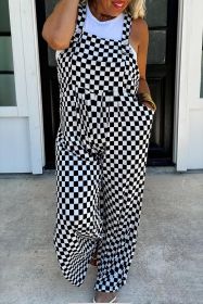 Black Checkered Print Pocketed Wide Leg Overall (size: (US 4-6)S)