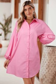 Bright Pink Plain Bishop Sleeve Button Up Shirt Dress (size: (US 4-6)S)