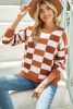 Orange Checkered Crew Neck Drop Shoulder Knit Sweater