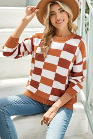 Orange Checkered Crew Neck Drop Shoulder Knit Sweater (size: (US 4-6)S)