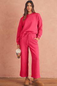 Strawberry Pink Checkered Textured Split Pullover Top and Pants Set (size: (US 8-10)M)