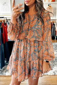 Orange Paisley Print Loose Fit Drawstring High Waist Mini Dress (size: (US 4-6)S)
