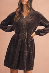 Dark Brown Textured Velvet V Neck Button Mini Dress (size: (US 4-6)S)