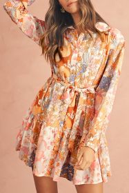Yellow Ruffled Buttoned Knotted High Waist Floral Mini Dress (size: (US 4-6)S)