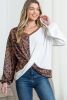 Brown Leopard Waffle Knit Patchwork Tulip Hem Long Sleeve Top