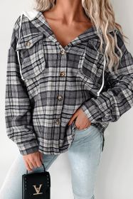 Black Plaid Print Flap Pockets Contrast Hooded Loose Shacket (size: (US 4-6)S)