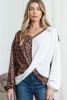 Brown Leopard Waffle Knit Patchwork Tulip Hem Long Sleeve Top