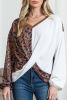 Brown Leopard Waffle Knit Patchwork Tulip Hem Long Sleeve Top