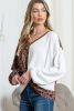 Brown Leopard Waffle Knit Patchwork Tulip Hem Long Sleeve Top